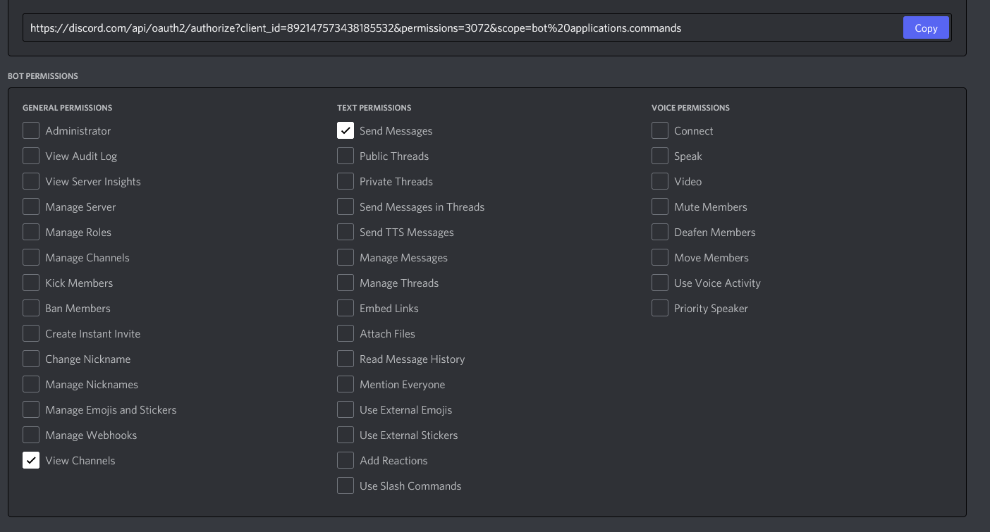 Bot permissions with send messages and view channels checked